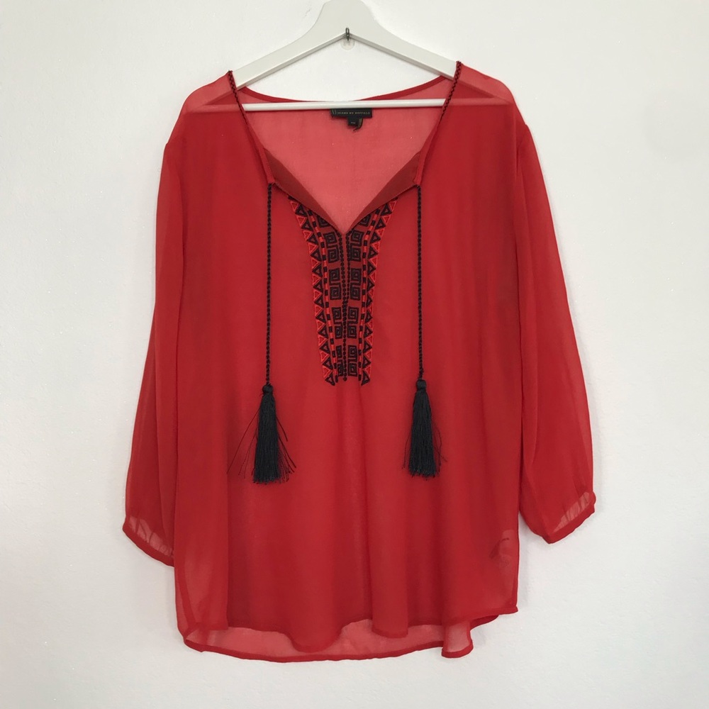Buffalo M  sheer embroidered tassel blouse